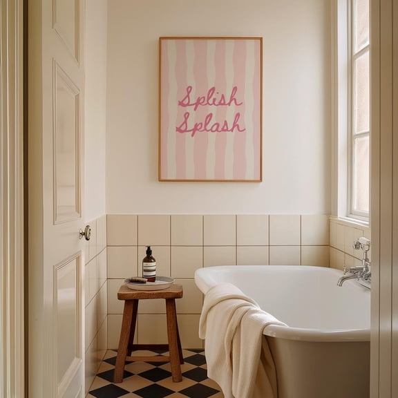 Splish Splash Wall Art Print, Rose Striped Bathroom Typography, Cheerful Washroom Decor