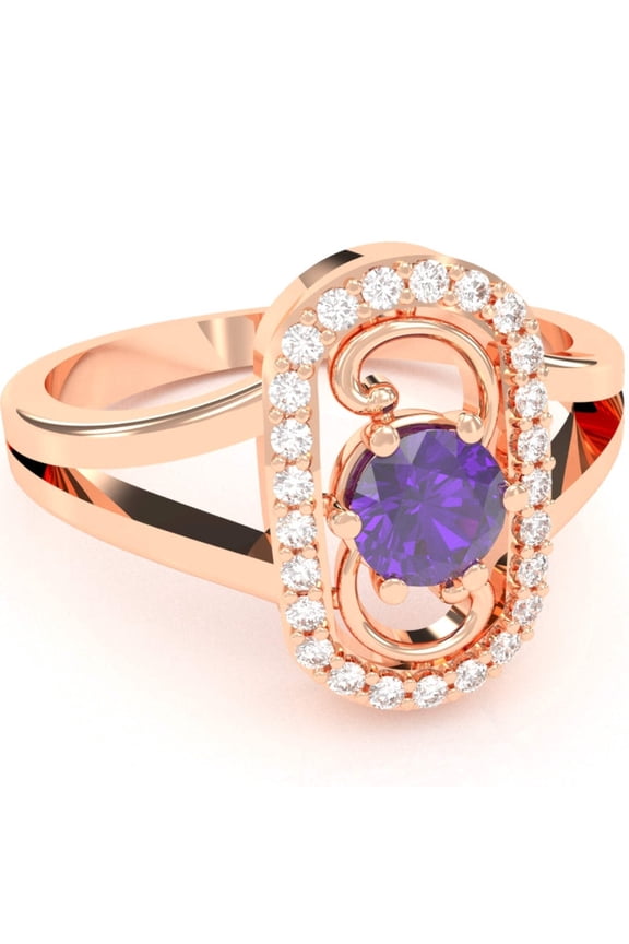 Split Band Amethyst Diamond Cocktail Ring In 14k Rose Gold