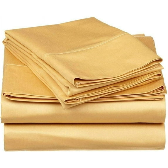 Split Bed Sheet Set 5 Pieces (1 Flat, 2 Fitted Sheet, 2 Pillow Covers) - 100% Egyptian Cotton - 1000 Thread Count Deep Pocket up to 21" Mattress Size Split Queen Color Gold Solid