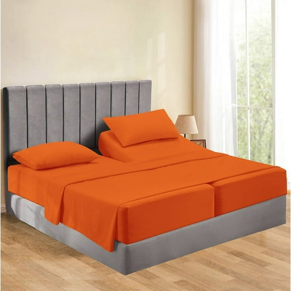 Split Bed Sheet Set 5 Pieces (1 Flat, 2 Fitted Sheet, 2 Pillow Covers) - 100% Egyptian Cotton - 1100 Thread Count Deep Pocket up to 34" Mattress Size Split Queen Color Orange Solid