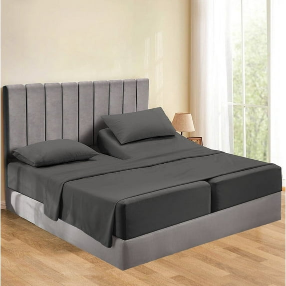 Split Bed Sheet Set 5 Pieces (1 Flat, 2 Fitted Sheet, 2 Pillow Covers) - 100% Egyptian Cotton - 300 Thread Count Deep Pocket up to 24" Mattress Size Split California King Color Grey Solid