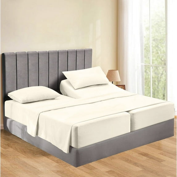 Split Bed Sheet Set 5 Pieces (1 Flat, 2 Fitted Sheet, 2 Pillow Covers) - 100% Egyptian Cotton - 300 Thread Count Deep Pocket up to 27" Mattress Size Split King Color Ivory Solid