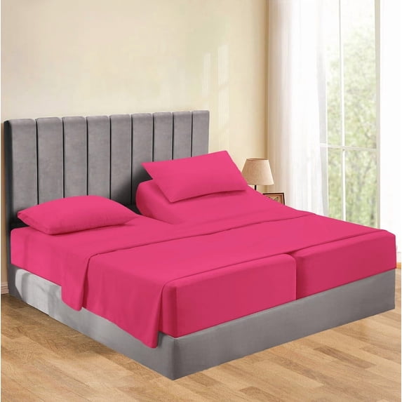 Split Bed Sheet Set 5 Pieces (1 Flat, 2 Fitted Sheet, 2 Pillow Covers) - 100% Egyptian Cotton - 700 Thread Count Deep Pocket up to 18" Mattress Size Split Queen Color Hot Pink Solid