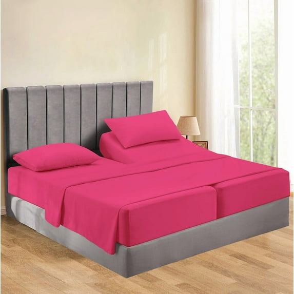 Split Bed Sheet Set 5 Pieces (1 Flat, 2 Fitted Sheet, 2 Pillow Covers) - 100% Egyptian Cotton - 700 Thread Count Deep Pocket up to 21" Mattress Size Split King Color Hot Pink Solid
