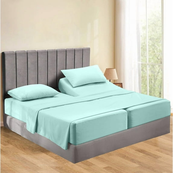 Split Bed Sheet Set 5 Pieces (1 Flat, 2 Fitted Sheet, 2 Pillow Covers) - 100% Egyptian Cotton - 700 Thread Count Deep Pocket up to 34" Mattress Size Split California King Color Aqua Blue Solid