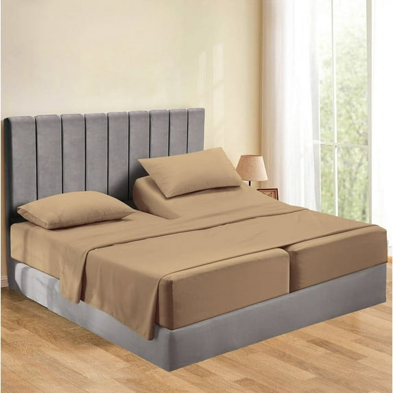 Split Bed Sheet Set 5 Pieces (1 Flat, 2 Fitted Sheet, 2 Pillow Covers) - 100% Egyptian Cotton - 800 Thread Count Deep Pocket up to 34" Mattress Size Split King Color Taupe Solid