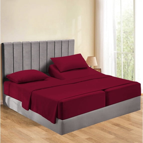 Split Bed Sheet Set 5 Pieces (1 Flat, 2 Fitted Sheet, 2 Pillow Covers) - 100% Egyptian Cotton - 900 Thread Count Deep Pocket up to 18" Mattress Size Split King Color Burgundy Solid