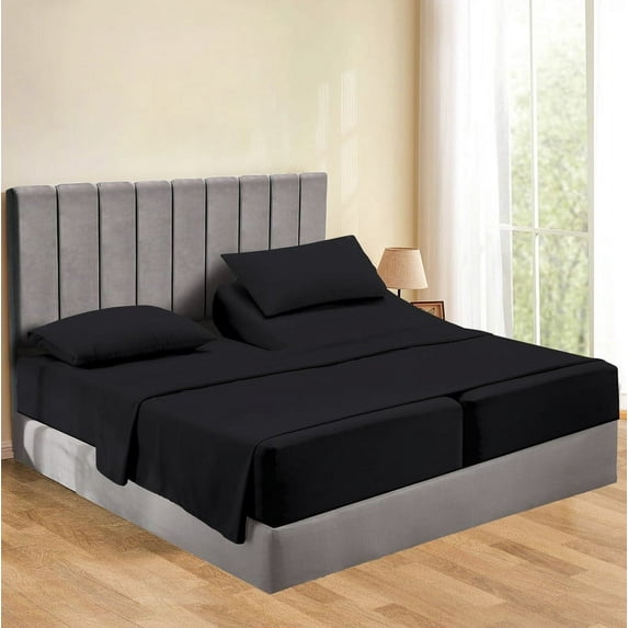 Split Bed Sheet Set 5 Pieces (1 Flat, 2 Fitted Sheet, 2 Pillow Covers) - 100% Egyptian Cotton - 900 Thread Count Deep Pocket up to 21" Mattress Size Split California King Color Black Solid