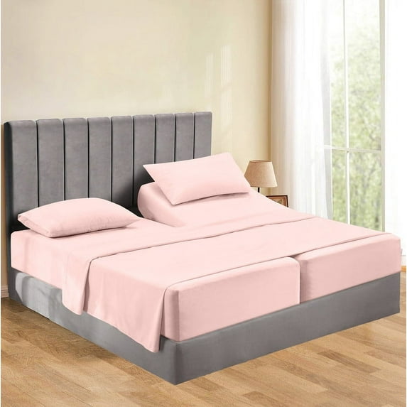 Split Bed Sheet Set 5 Pieces (1 Flat, 2 Fitted Sheet, 2 Pillow Covers) - 100% Egyptian Cotton - 900 Thread Count Deep Pocket up to 21" Mattress Size Split King Color Pink Solid