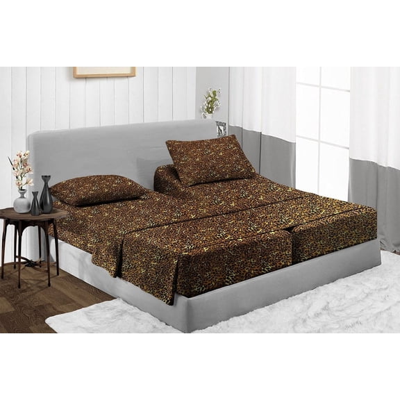 Split Cal-King 5-PC Sheet Set - 1000-TC 100% Egyptian Cotton, 28" Deep Pockets - Leopard Print