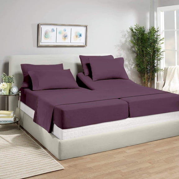 Split California King Bed Sheet Set 5Pcs Adjustable Bed Sheets - 18" Deep Pocket of Fitted Sheet 800 Thread Count 100% Pure Egyptian Cotton - (Split California King, Plum Solid)