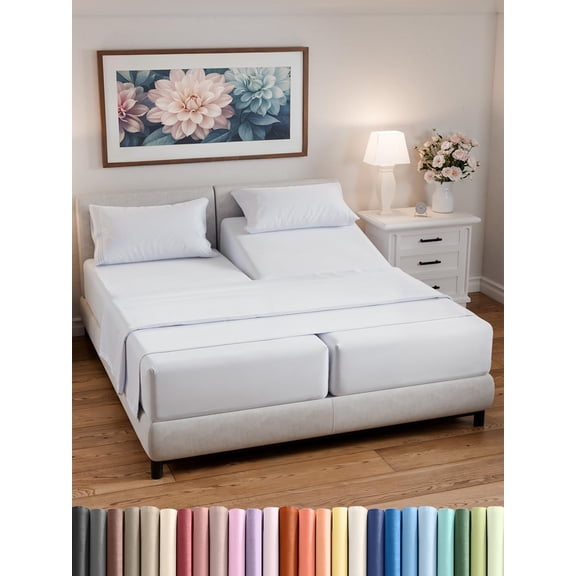 Split California King Bed Sheets - Extra Soft Split California King Sheets Sets  Designed for Split California King Mattresses  Cal King Split Fits 14" to 16" Deep Pocket Fitted Sheet Set  White