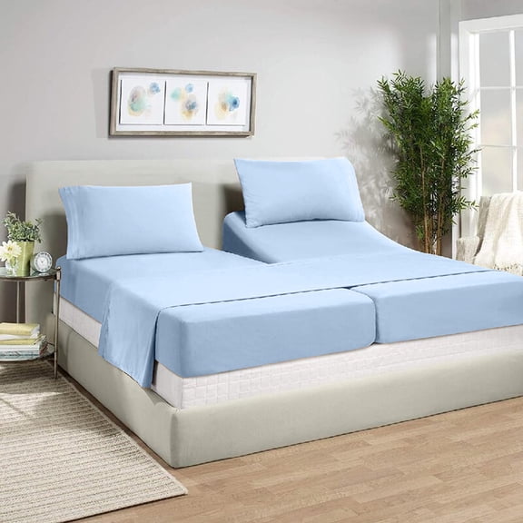 Split California King Sheets Sets for Adjustable Bed - 1000-Thread-Count 100% Egyptian Cotton, Sateen Weave 15-Inches Deep Pockets 1000-TC Bedsheet - Light Blue