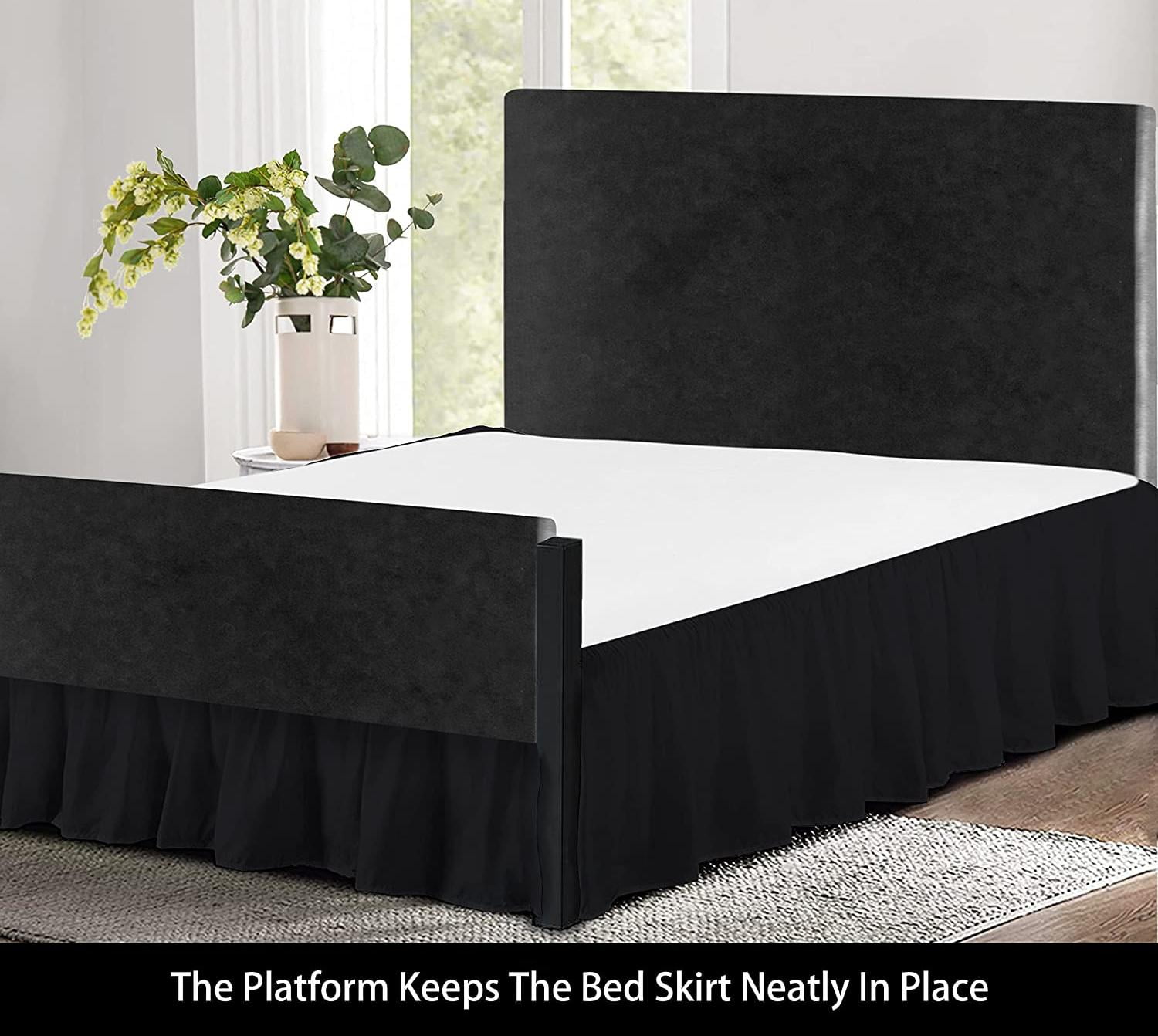 Split Corner Ruffle Bed Skirts 18" Drop, Fully Elastic Dust Ruffle, 100% Microfiber, Split Corner Bed Skirt Fade Resistant, Machine Washable Luxurious Fabric, Twin Size - Black Solid.