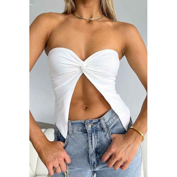 Split Cut Off Shoulder Crop Top (S, Brown)