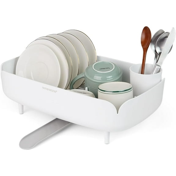 Split-Design Small Dish Drying Rack, Space-Saving Dish Drainer for Small Kitchen Countertops, Ideal for 1–2 Person Households or as a Secondary Rack, 9.5'' × 15.9'' × 4.9'', White