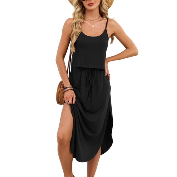 Split Dress for Women Side Split U Neck Sexy Drawstring Dress Summer Casual Clothes for Vacation Beach Travel