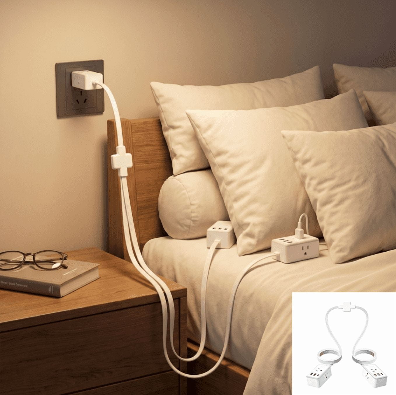 Split Extension Cord 12FT, Twin Extension Cord with 6 AC Outlets on Each Side, 2 USB-A & 1 USB-C, 1080 J Surge Protector, Flat Plug Dual Extension Cord for Behind Bed, Couch, Nightstands