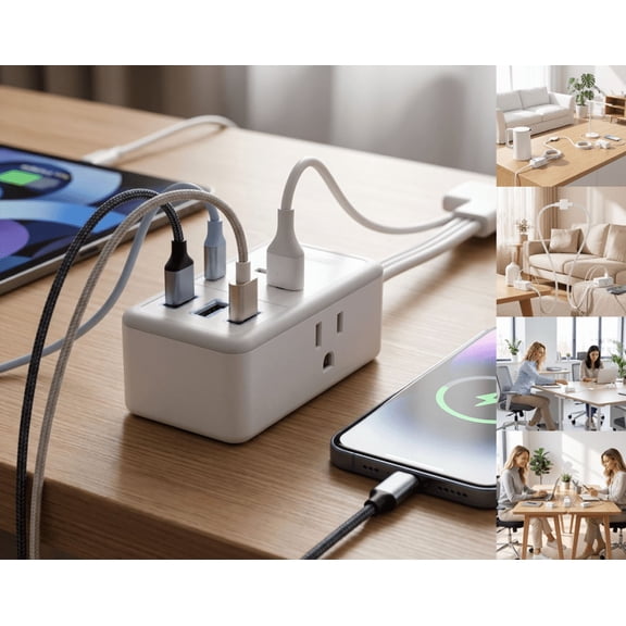 Split Extension , Single Flat Plug Twin Extension with Outlets, USB-A & USB-C, Nightstand Charging Station for Bedroom Dorm Room Home