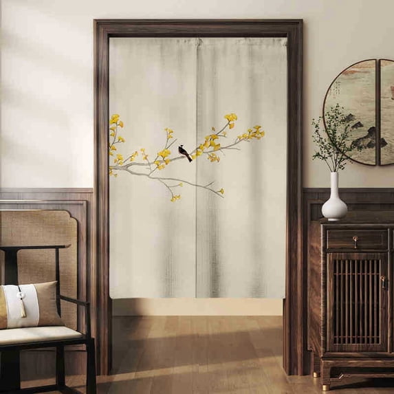 Text Tile Material Split Fabric Door Curtain Chinese Style Privacy Screen with Tension Rod ...