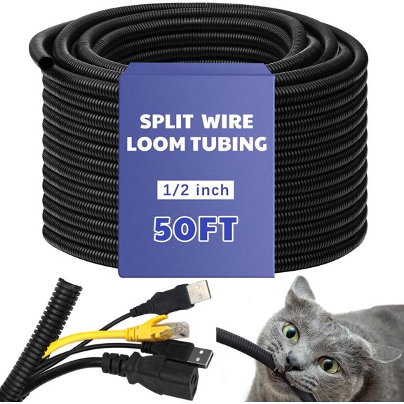 Split Flame Rrdant Wire Loom High Temperature Cable Conduit Split Cable Sles Loom Tubing Auto Wire Conduit for Industrial Electrical Automotive Marine(1/2''-50 ft,Black)