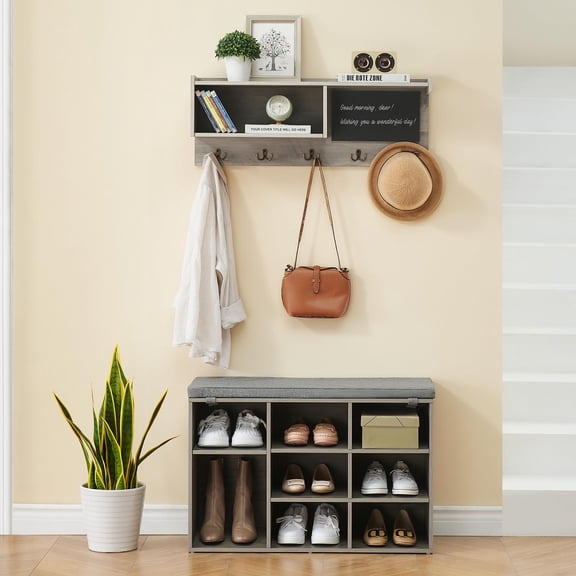 Split Grey Hall Tree with Shoe Bench, 5 Hooks, Shelf & 8-Cubby Storage