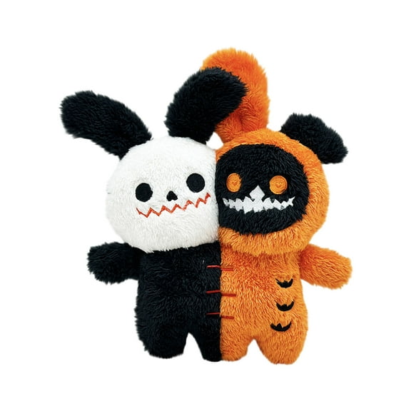 Split Half Black Orange Skeleton Bunny Plush Toy, Patchwork Zombie Rabbit Stuffed Doll, Gothic Halloween Spooky Decor Pillow Gift, 10.63 in.