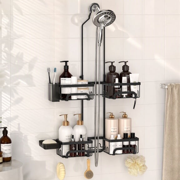 Split Hanging Shower Caddy for Handheld Showerheads, Adjustable ToolFree Bathroom Organizer with 16 Hooks and Soap Holder, Black