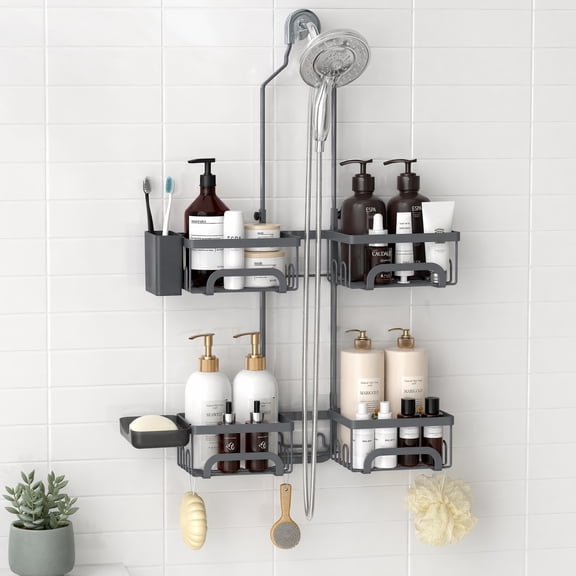 Split Hanging Shower Caddy for Handheld Showerheads, Adjustable ToolFree Bathroom Organizer with 16 Hooks and Soap Holder, Grey