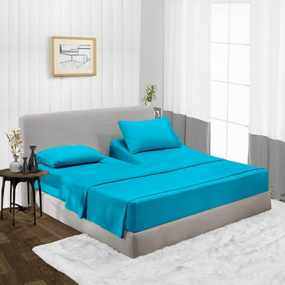 Split Head Cal King Size Top Split Sheet Set of 4 Pcs, Adjustable Split 30 inches from The Top, Egyptian Cotton 600 Thread Count Solid, 18 Inch Deep Pocket For Adjustable Beds, Turquoise Blue