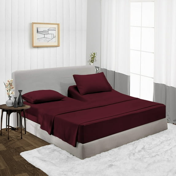 Split Head Cal King Size Top Split Sheet Set of 4 Pcs, Adjustable Split 30 inches from The Top, Egyptian Cotton 600 Thread Count Solid, 18 Inch Deep Pocket For Adjustable Beds, Wine