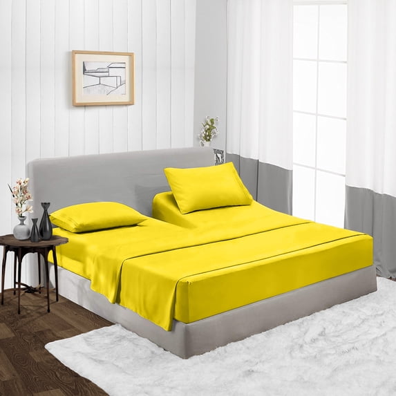 Split Head Cal King Size Top Split Sheet Set of 4 Pcs, Adjustable Split 32 inches from The Top, Egyptian Cotton 600 Thread Count Solid, 18 Inch Deep Pocket For Adjustable Beds, Yellow
