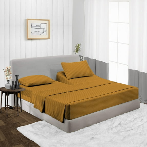 Split Head Cal King Size Top Split Sheet Set of 4 Pcs, Adjustable Split 32 inches from The Top, Egyptian Cotton 600 Thread Count Stripe, 18 Inch Deep Pocket For Adjustable Beds, Taupe
