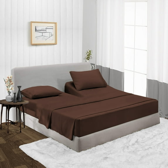 Split Head Cal King Size Top Split Sheet Set of 4 Pcs, Adjustable Split 39 inches from The Top, Egyptian Cotton 600 Thread Count Solid, 18 Inch Deep Pocket For Adjustable Beds, Chocolate