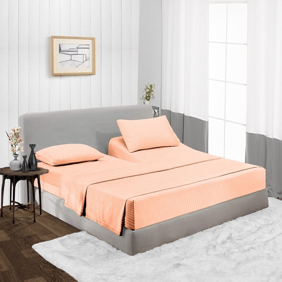 Split Head Cal King Size Top Split Sheet Set of 4 Pcs, Adjustable Split 39 inches from The Top, Egyptian Cotton 600 Thread Count Stripe, 18 Inch Deep Pocket For Adjustable Beds, Peach