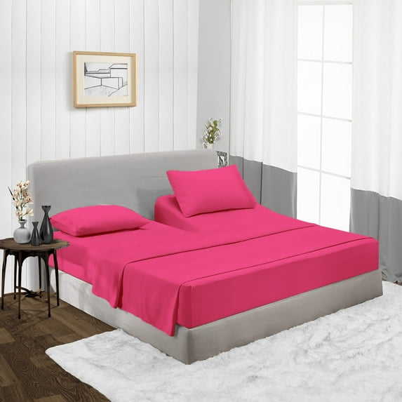 Split Head King Size Top Split Sheet Set of 4 Pcs, Adjustable Split 28 inches from The Top, Egyptian Cotton 600 Thread Count Solid, 18 Inch Deep Pocket For Adjustable Beds, Hot Pink