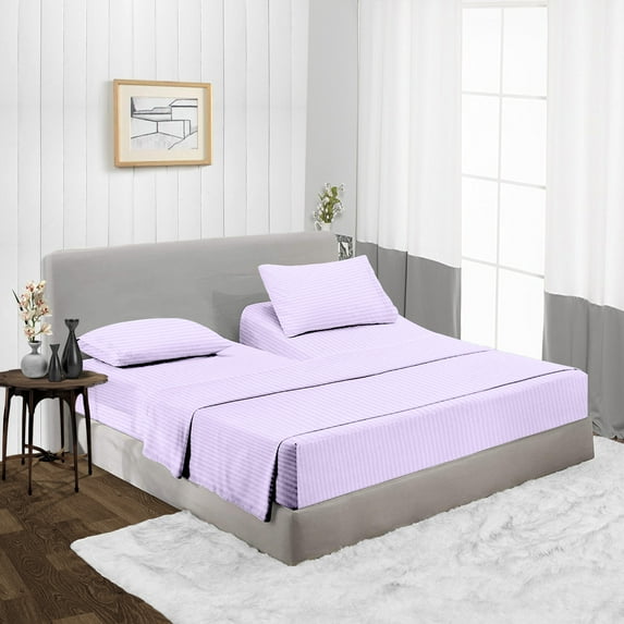 Split Head King Size Top Split Sheet Set of 4 Pcs, Adjustable Split 36 inches from The Top, Egyptian Cotton 600 Thread Count Stripe, 18 Inch Deep Pocket For Adjustable Beds, Lilac
