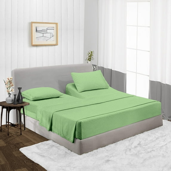 Split Head King Size Top Split Sheet Set of 4 Pcs, Adjustable Split 39 inches from The Top, Egyptian Cotton 600 Thread Count Stripe, 18 Inch Deep Pocket For Adjustable Beds, Moss
