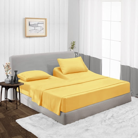Split Head King Size Top Split Sheet Set of 4 Pcs, Adjustable Split 34 inches from The Top, Egyptian Cotton 1000 Thread Count Solid, 18 Inch Deep Pocket For Adjustable Beds, Golden