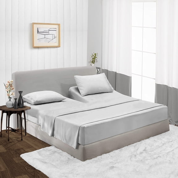 Split Head King Size Top Split Sheet Set of 4 Pcs, Adjustable Split 39 inches from The Top, Egyptian Cotton 600 Thread Count Solid, 18 Inch Deep Pocket For Adjustable Beds, Light Grey