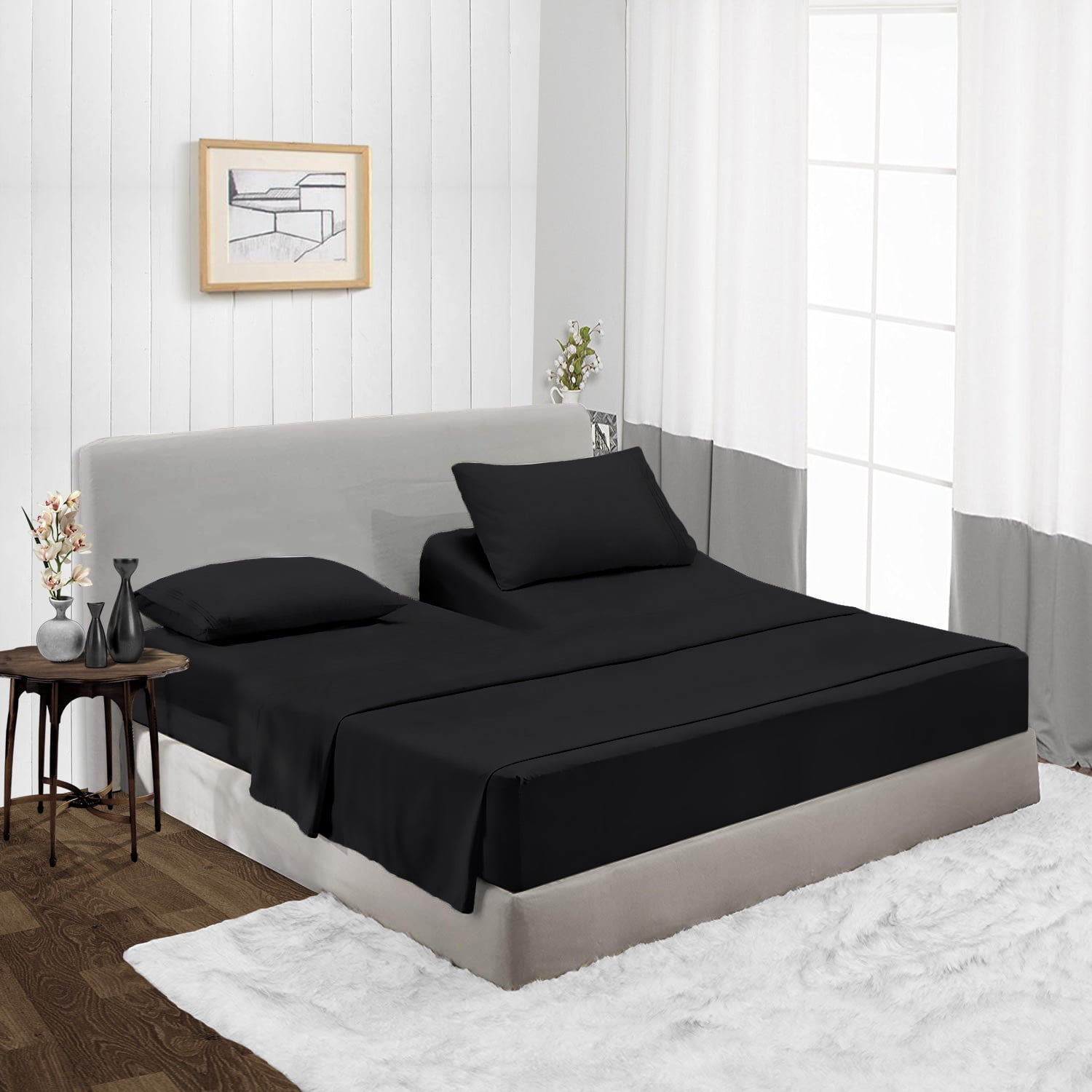 Split Head Queen Size Top Split Sheet Set of 4 Pcs, Adjustable Split 34 inches from The Top, Egyptian Cotton 600 Thread Count Solid, 18 Inch Deep Pocket For Adjustable Beds, Black