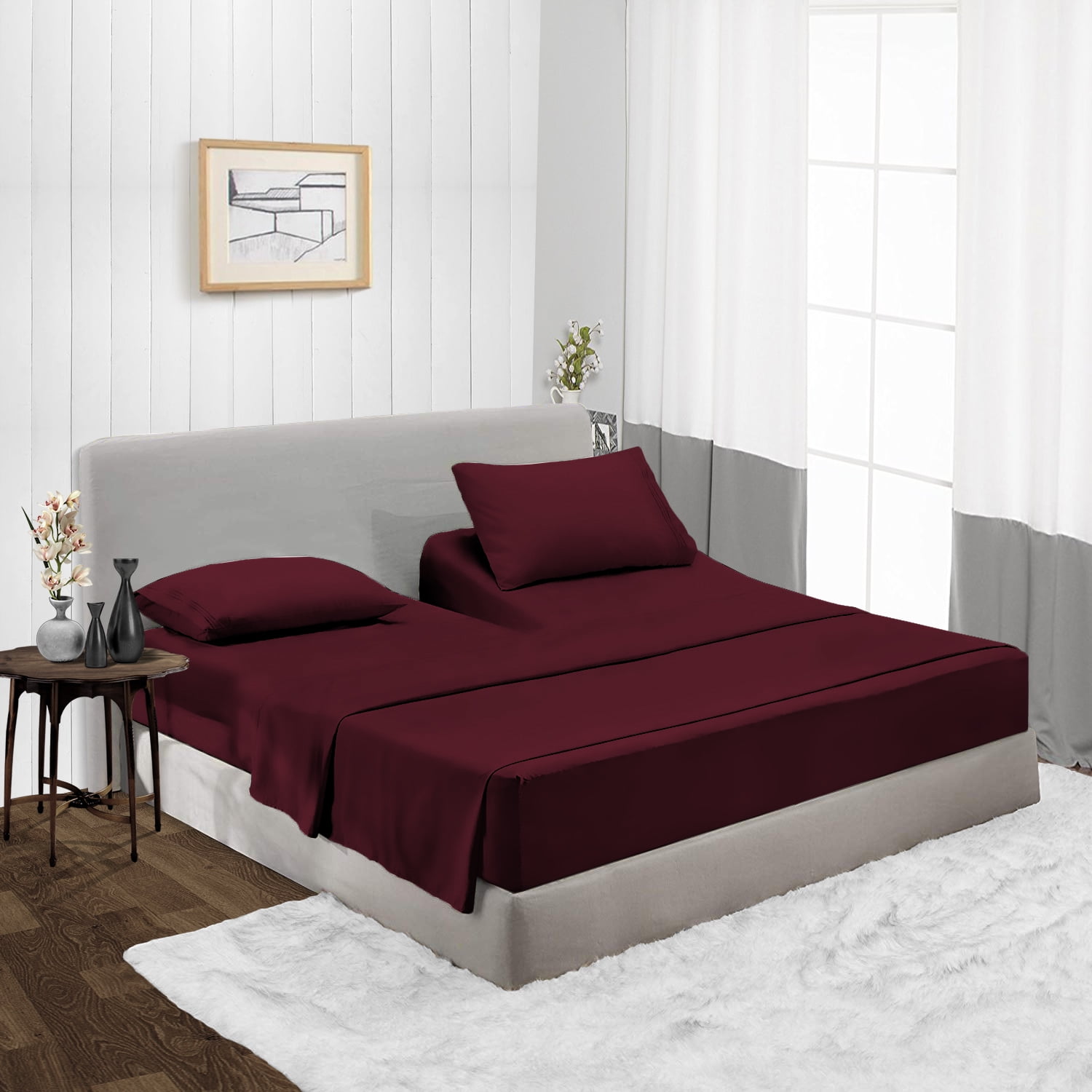 Split Head Queen Size Top Split Sheet Set of 4 Pcs, Adjustable Split 34 inches from The Top, Egyptian Cotton 600 Thread Count Solid, 18 Inch Deep Pocket For Adjustable Beds, Wine
