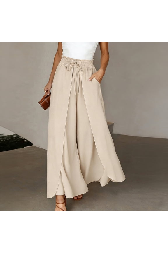 Split Hem Wide Leg Palazzo Pants for Women High Waisted Smocked Trousers Elastic Drawstring Flowy Lounge Slacks Summer Vacationwear