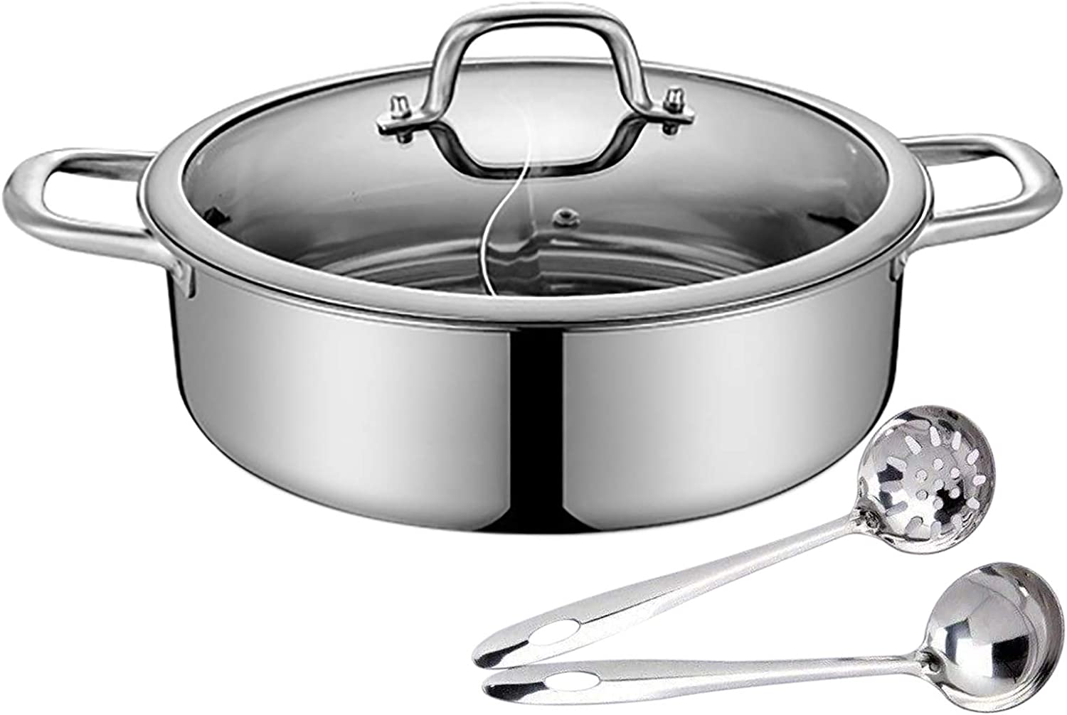 Split Hot Pot Pan,CNCEST 304 Food Grade Stainless Steel Divided Hot Pot Pan with Divider and Lid Shabu Shabu Hot Pot for Induction Cooktop Gas Stove Dual Sided Soup Cookware with 2 Soup Ladles(11inch