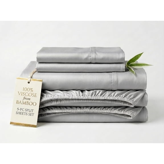 Split King 100% Viscose from Bamboo Sheet Set 1000-Thread Count, 10" Deep Pockets - Light Gray