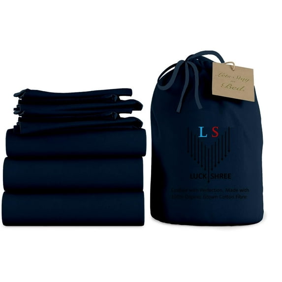 Split King 5-Piece Pure Organic Cotton Bed Sheets Set, 800-Thread-Count, 12 inch Deep Pockets - Navy Blue