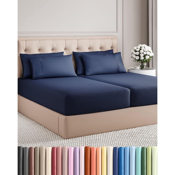 Split King 7 Piece Sheet Set with Deep Pockets Navy Blue