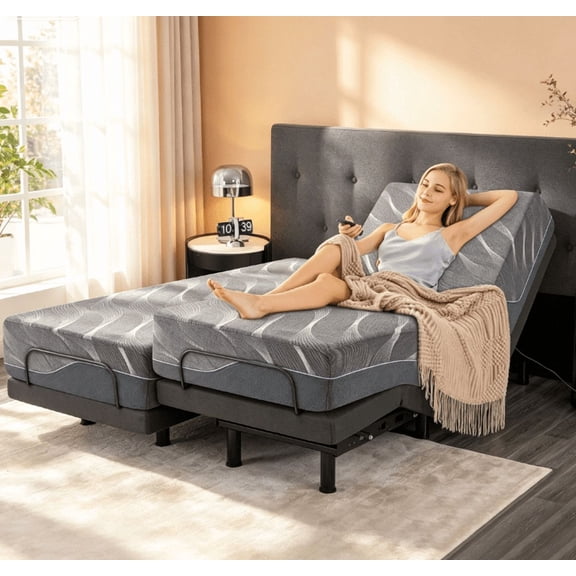 Split King Adjustable Bed Base with Massage & Voice Control, 12" Gray Gel Memory Foam Medium Firm Mattress in a Box, Wireless Remote Smart Adjustable Bed Frame with Thickened Foam Edge Support