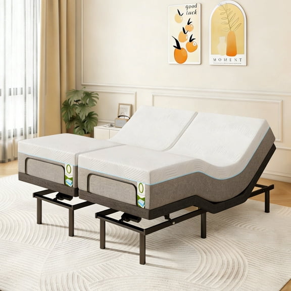 Split King Adjustable Bed Base with 12" Mattress, Wireless Remote Control, 12" Adjustable Legs, Head & Foot Incline, Zero Gravity Feature, Anti-Snore