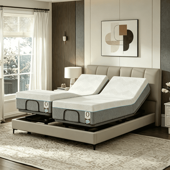 Split King Adjustable Bed Frame with 12" Gel Memory Foam Mattress Electric Base with Massage, Wireless Remote, Head & Foot Incline, Zero Gravity, USB Ports, Under-Bed LED Light